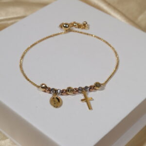 Pulso Franco Ajustable Rosario Tres Oro Dijes 3.45gr