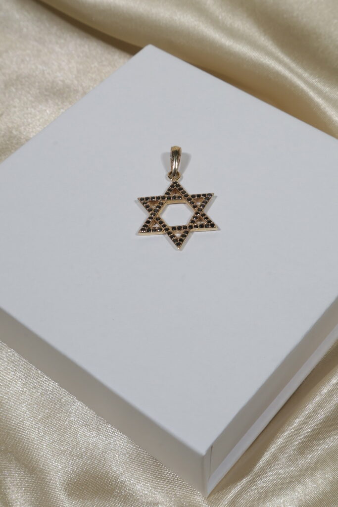 Dije estrella de David 2.9gr/3.5cm/circones negros/oro amarillo.