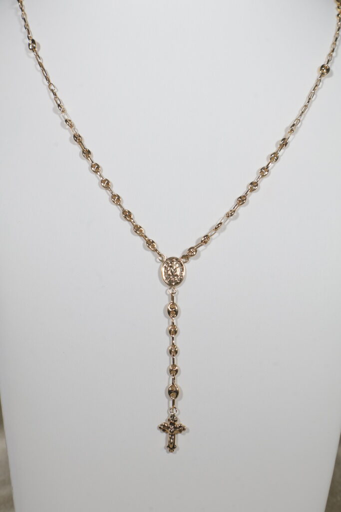 Rosario GC Virgen Milagrosa Crúz Cristo Tres Puntas 5.75gr / 55cm / 3mm-4mm Liso Oro Amarillo 18K.