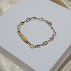 Pulso Bebé Placa Ojos Estrellados Misticos 2.95gr / 13.5cm-15cm / Oro Amarillo +4 18K .