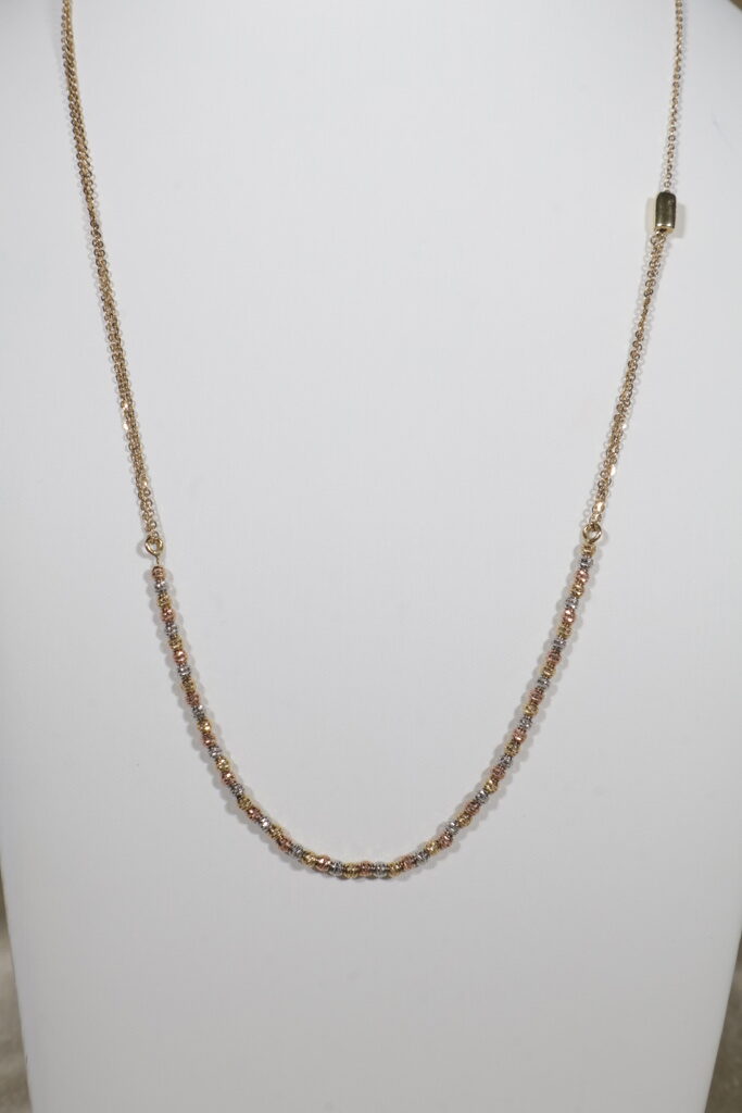 Cadena Aro Seguido Gradual 6.4gr / 40cm-60cm / 2.5mm Bolas Diamantadas Tres Oros. 18K